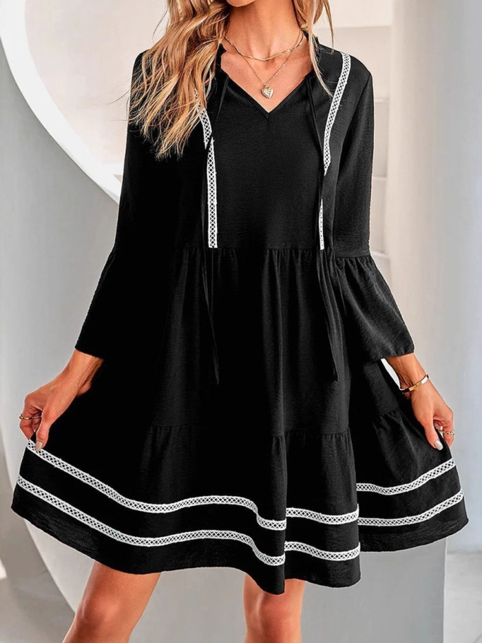 Split-Joint Pleated Three-Quarter Sleeves High Waisted V-Neck Mini Dresses