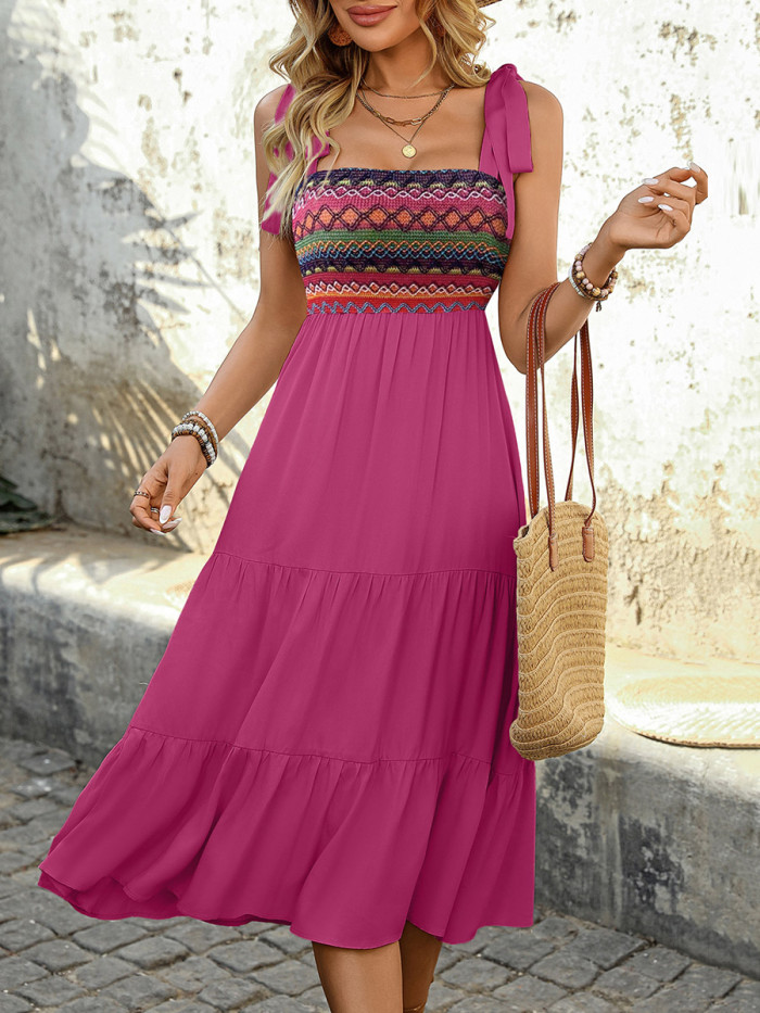 Split-Joint Pleated Jacquard Contrast Color Sleeveless High Waisted Adjustable Straps Midi Dresses