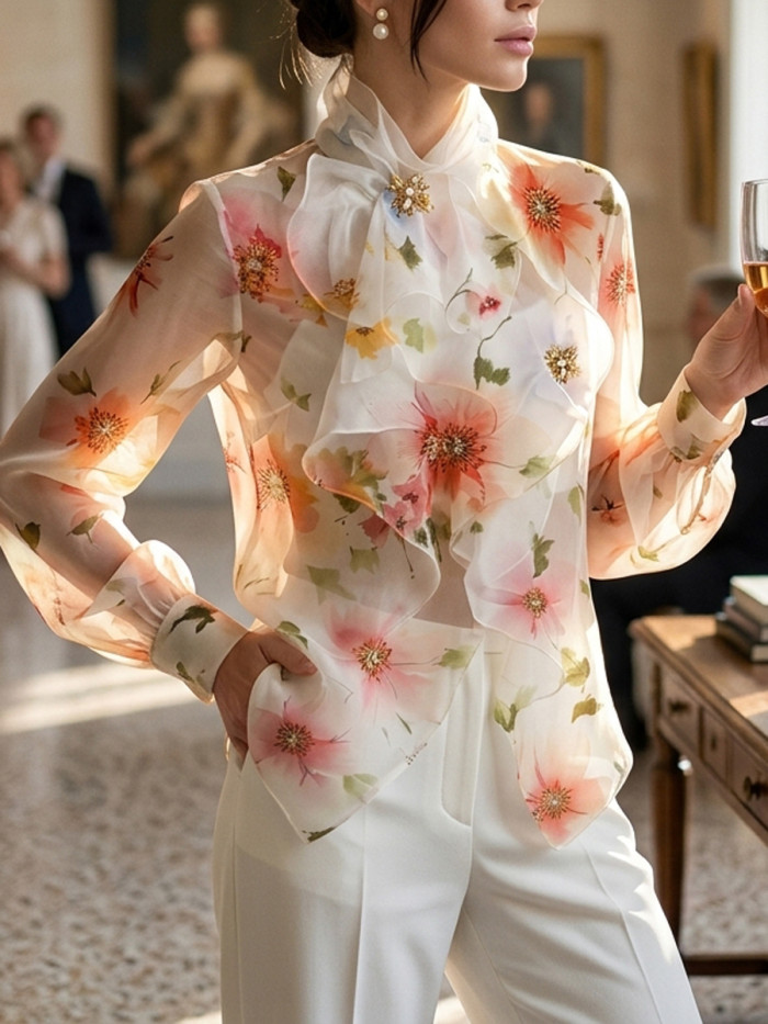 Tied Ruffled Flower Print Loose Long Sleeves Stand Collar Blouses&Shirts Tops