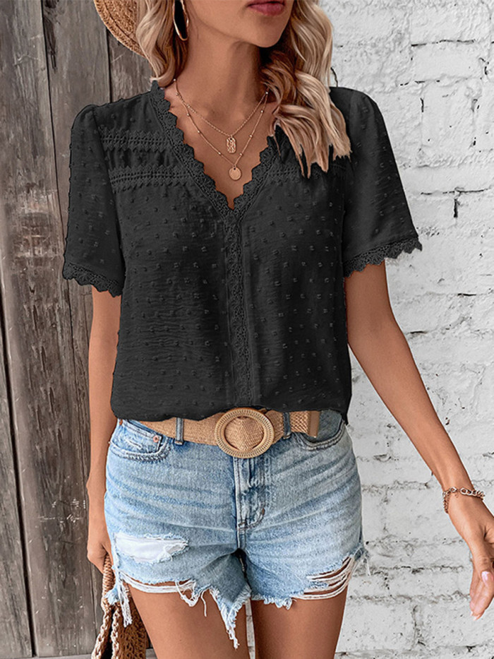 Textured Split-Joint Solid Color Jacquard Short Sleeves Loose V-Neck T-Shirts Tops