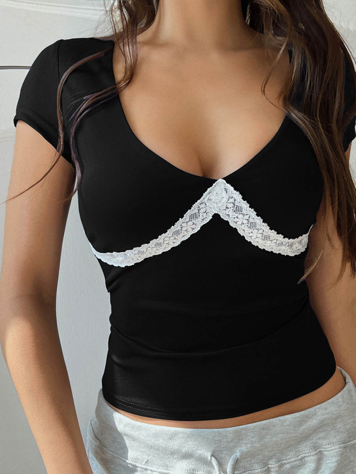 Split-Joint Contrast Color Skinny Short Sleeves Deep V-Neck T-Shirts Tops