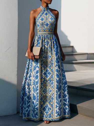 Zipper Pleated Flower Print Sleeveless High Waisted Halter-Neck Maxi Dresses