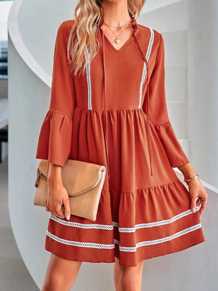 Split-Joint Pleated Three-Quarter Sleeves High Waisted V-Neck Mini Dresses