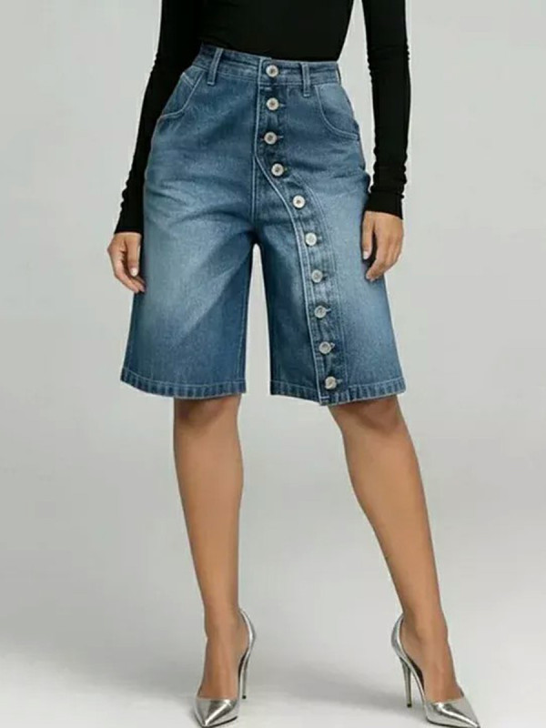 Split-Joint Solid Color Pockets Buttoned Asymmetric Wide Leg High Waisted Denim Shorts