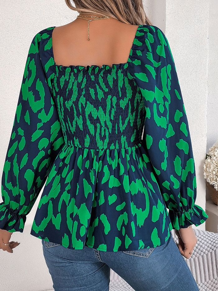 Ruffled Pleated Leopard Puff Sleeves Long Sleeves Square-neck T-Shirts Tops