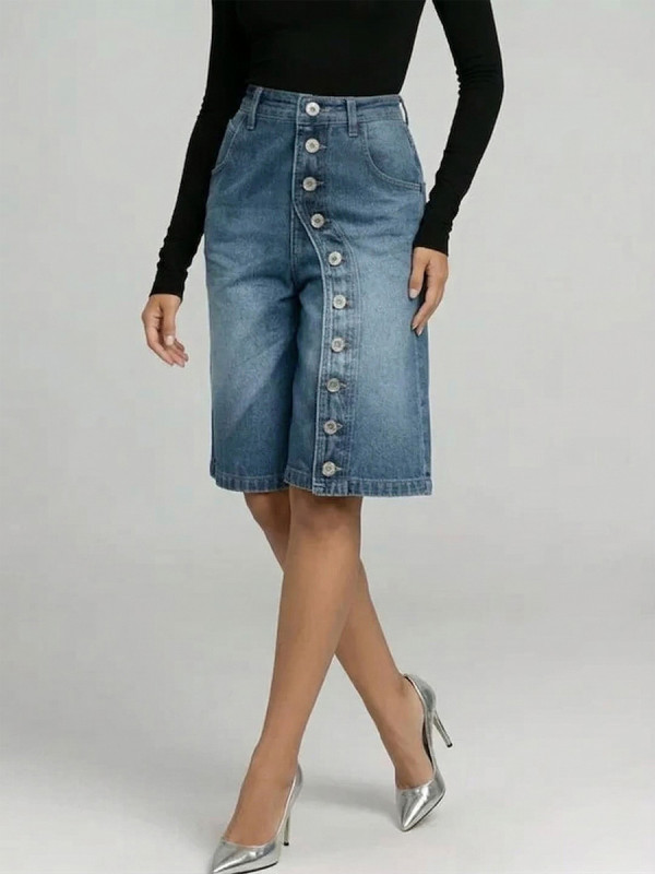 Split-Joint Solid Color Pockets Buttoned Asymmetric Wide Leg High Waisted Denim Shorts