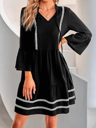 Split-Joint Pleated Three-Quarter Sleeves High Waisted V-Neck Mini Dresses