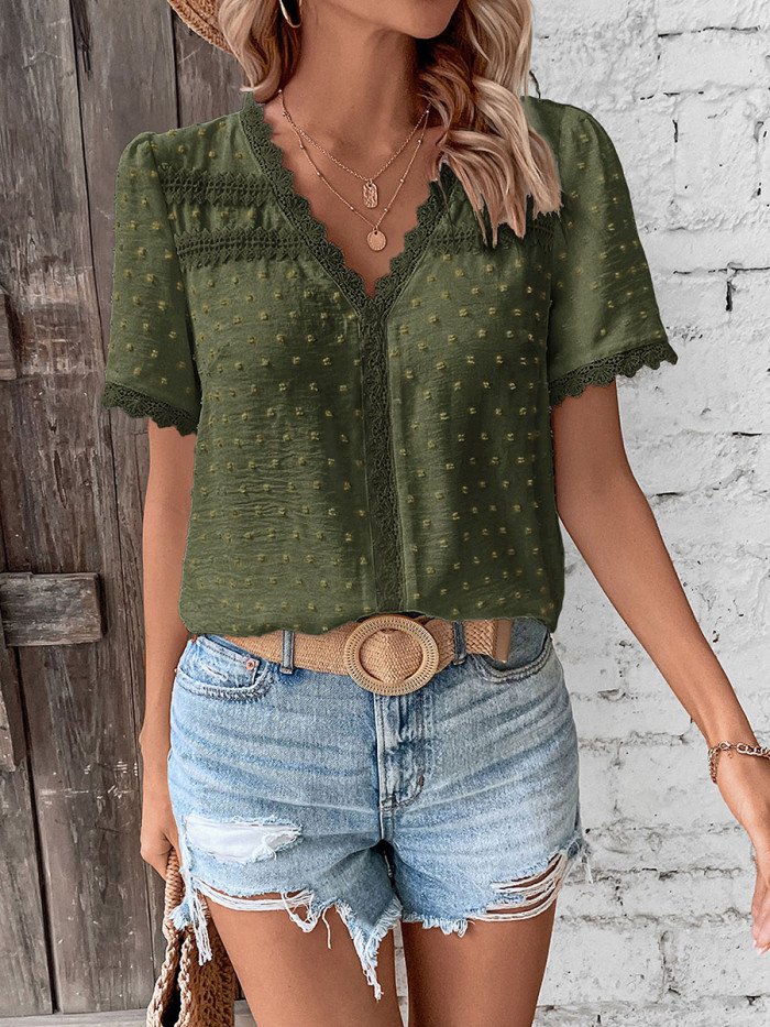 Textured Split-Joint Solid Color Jacquard Short Sleeves Loose V-Neck T-Shirts Tops