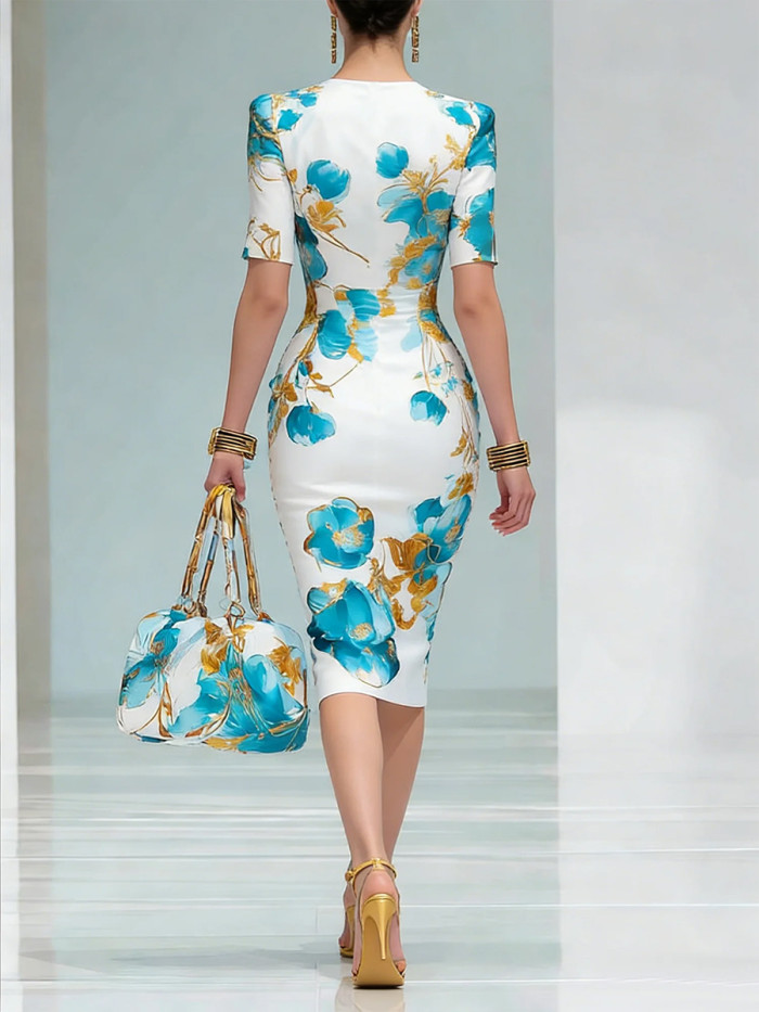 Split-Joint Flower Print Contrast Color Short Sleeves High Waisted Round-Neck Midi Dresses