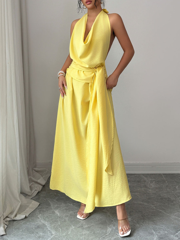Tied Waist Solid Color Pleated Sleeveless High Waisted Halter-Neck Midi Dresses