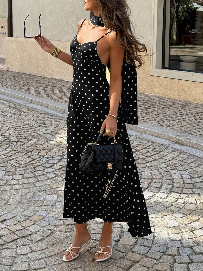 Split-Joint Polka-Dot Contrast Color Backless Sleeveless Loose Halter-Neck Midi Dresses