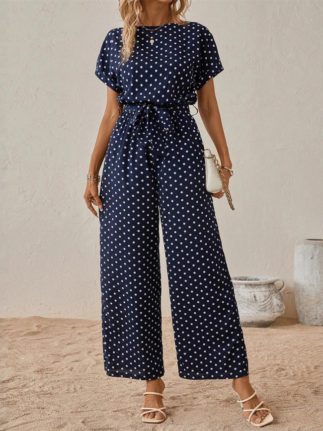 Tied Waist Split-Joint Polka-Dot Contrast Color Wide Leg Short Sleeves Round-Neck Jumpsuits