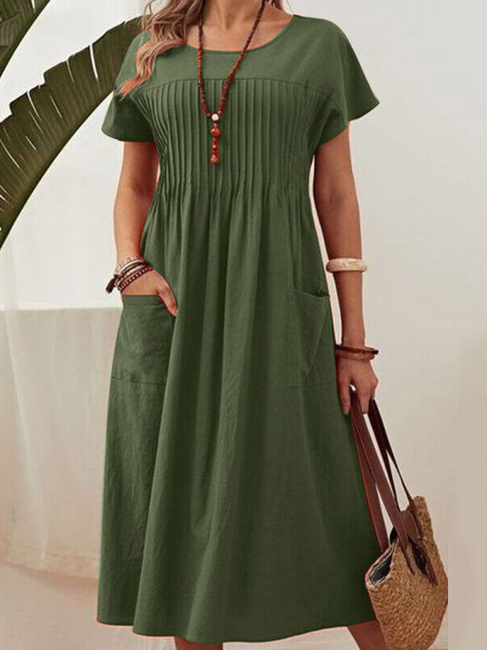Split-Joint Solid Color Pockets Pleated Short Sleeves Plus Size Round-Neck Midi Dresses