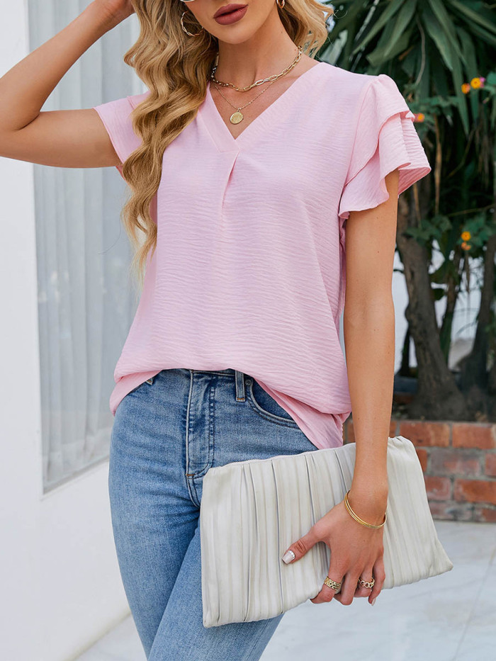 Textured Split-Joint Solid Color Short Sleeves Ruffle Sleeves V-Neck Blouses&Shirts Tops