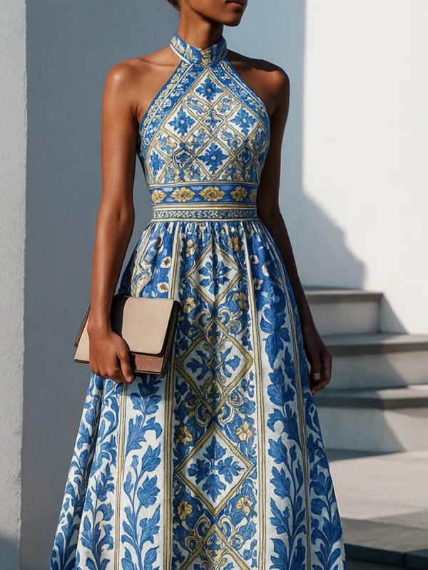 Zipper Pleated Flower Print Sleeveless High Waisted Halter-Neck Maxi Dresses