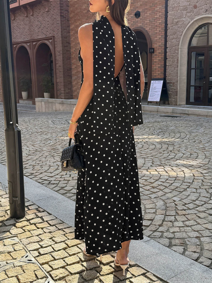 Split-Joint Polka-Dot Contrast Color Backless Sleeveless Loose Halter-Neck Midi Dresses
