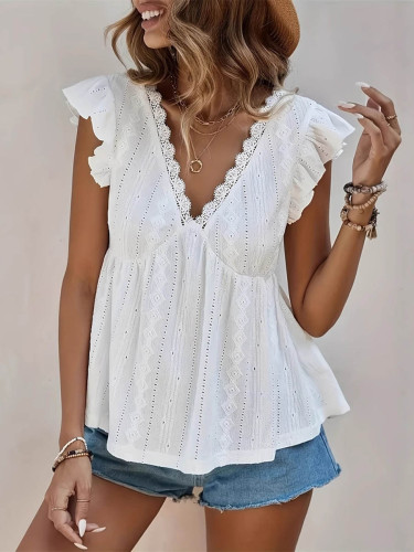 Textured Split-Joint Solid Color Ruffled Pleated Hollow Sleeveless Loose V-neck Blouses&shirts Tops