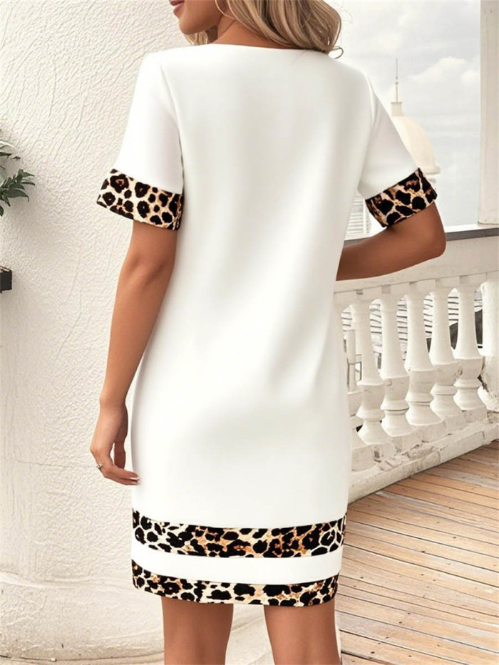 Split-Joint Leopard Contrast Color Short Sleeves Loose Round-Neck Mini Dresses