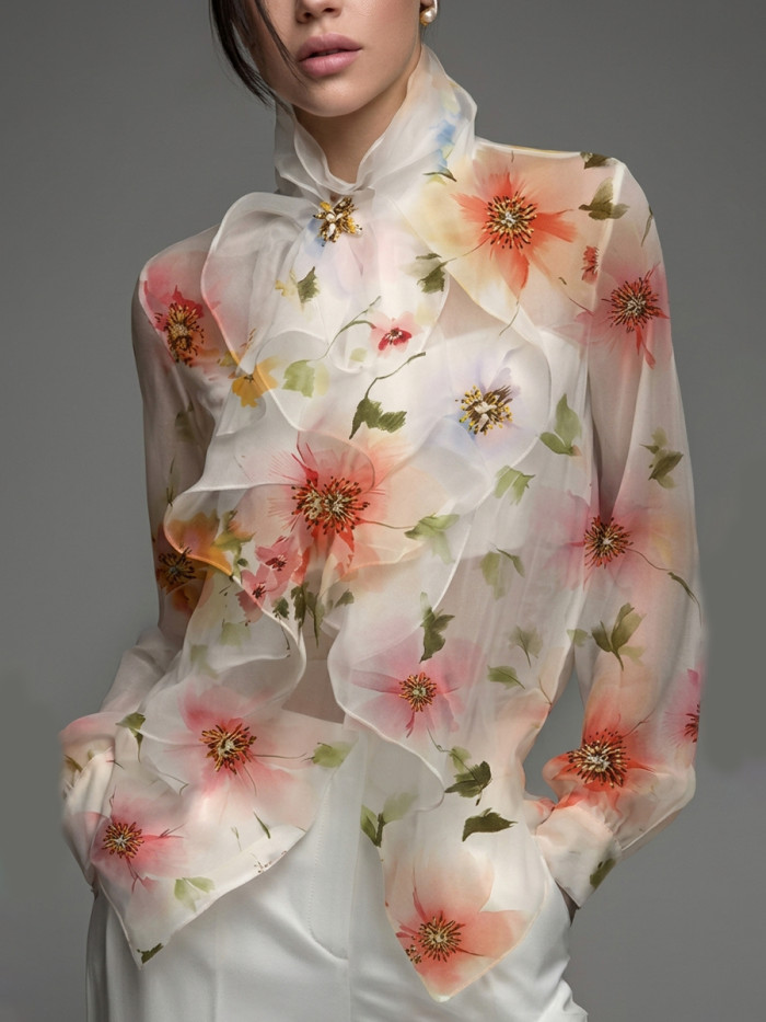 Tied Ruffled Flower Print Loose Long Sleeves Stand Collar Blouses&Shirts Tops