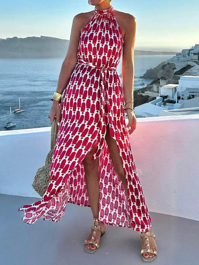 Tied Waist Split-Side Split-Joint Printed Contrast Color Sleeveless High Waisted Halter-Neck Maxi Dresses