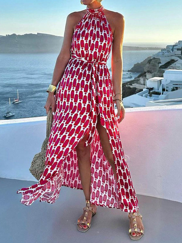 Tied Waist Split-Side Split-Joint Printed Contrast Color Sleeveless High Waisted Halter-Neck Maxi Dresses