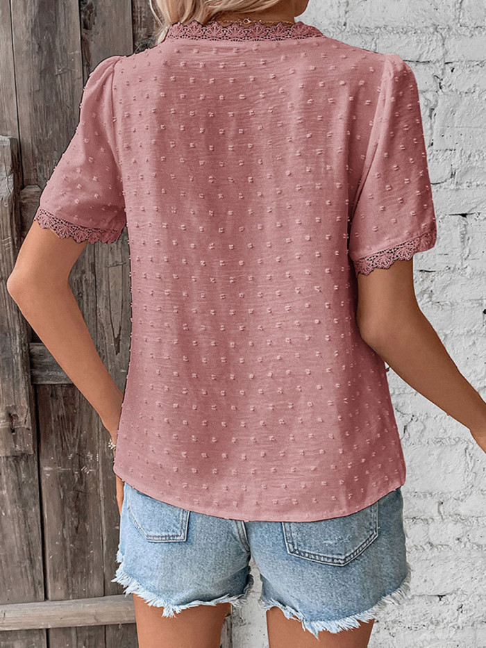 Textured Split-Joint Solid Color Jacquard Short Sleeves Loose V-Neck T-Shirts Tops