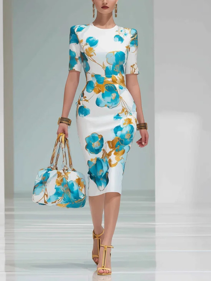 Split-Joint Flower Print Contrast Color Short Sleeves High Waisted Round-Neck Midi Dresses