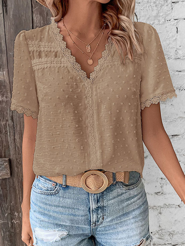 Textured Split-Joint Solid Color Jacquard Short Sleeves Loose V-Neck T-Shirts Tops