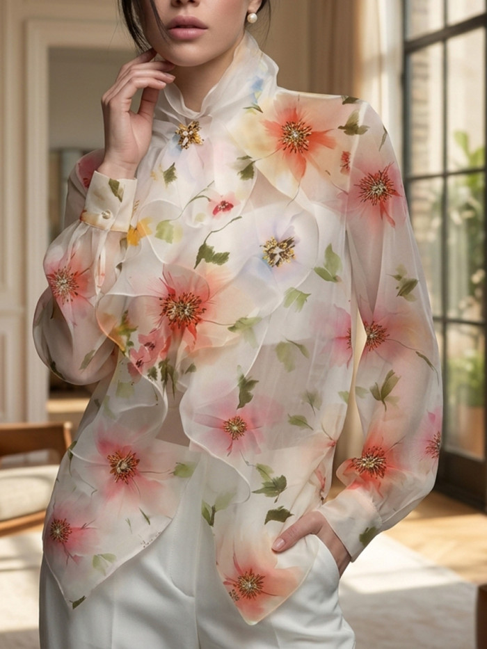 Tied Ruffled Flower Print Loose Long Sleeves Stand Collar Blouses&Shirts Tops