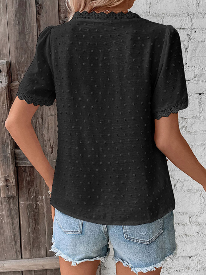 Textured Split-Joint Solid Color Jacquard Short Sleeves Loose V-Neck T-Shirts Tops
