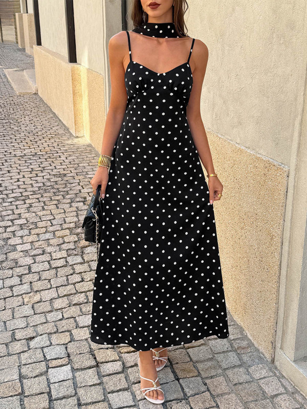 Split-Joint Polka-Dot Contrast Color Backless Sleeveless Loose Halter-Neck Midi Dresses