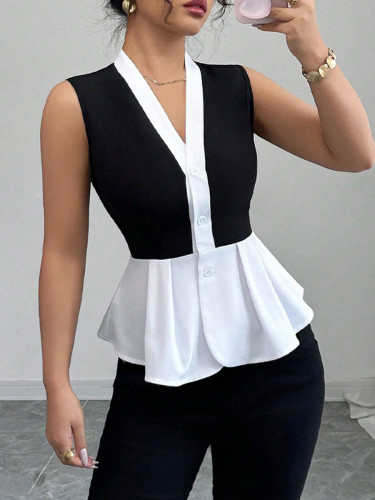 Split-Joint Ruffled Contrast Color Buttoned Sleeveless Skinny V-Neck Blouses&Shirts Tops