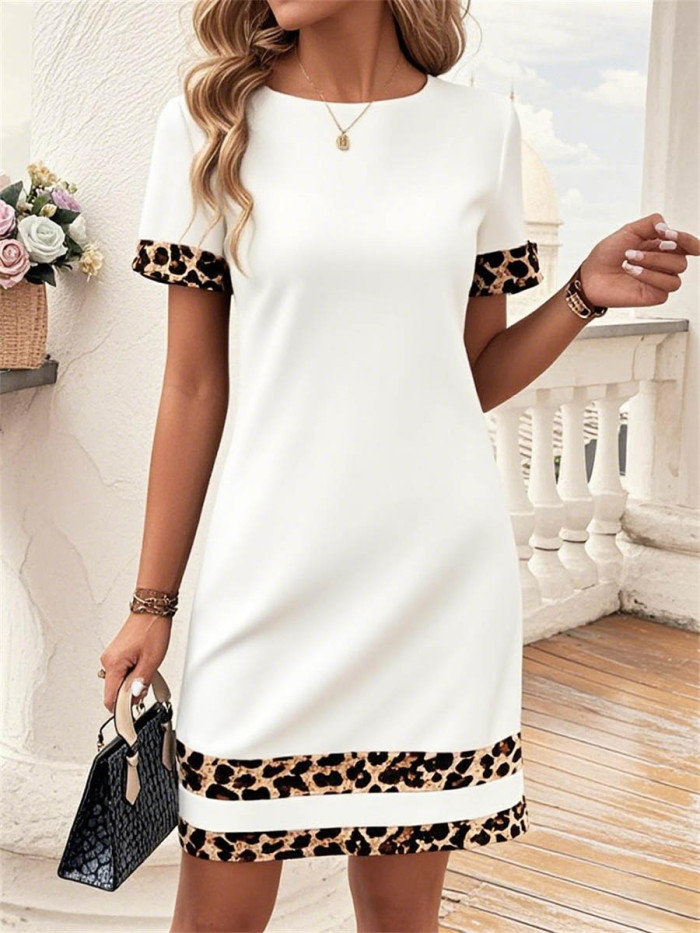 Split-Joint Leopard Contrast Color Short Sleeves Loose Round-Neck Mini Dresses