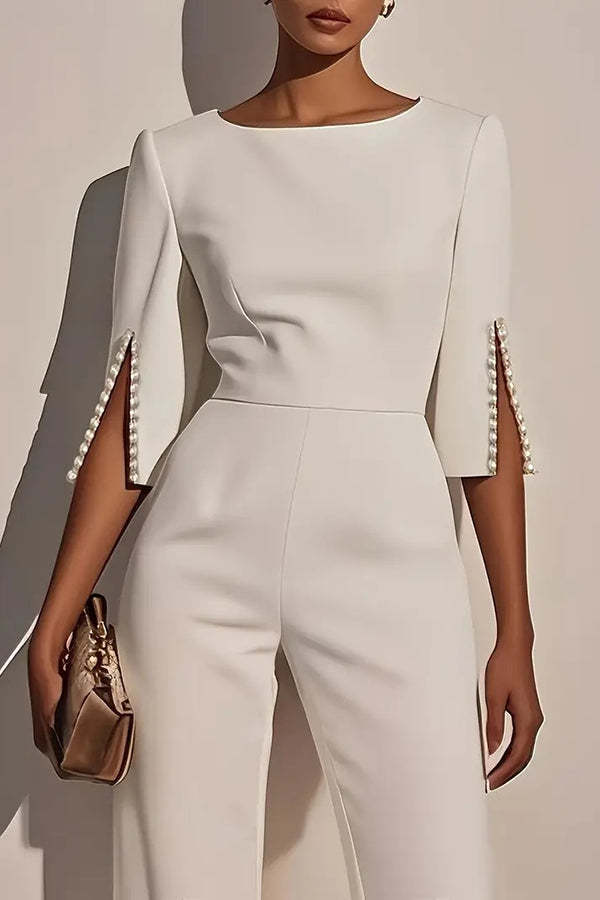 Solid Color Round Neck Beaded Decoration Slim Fit Casual Jumpsuit