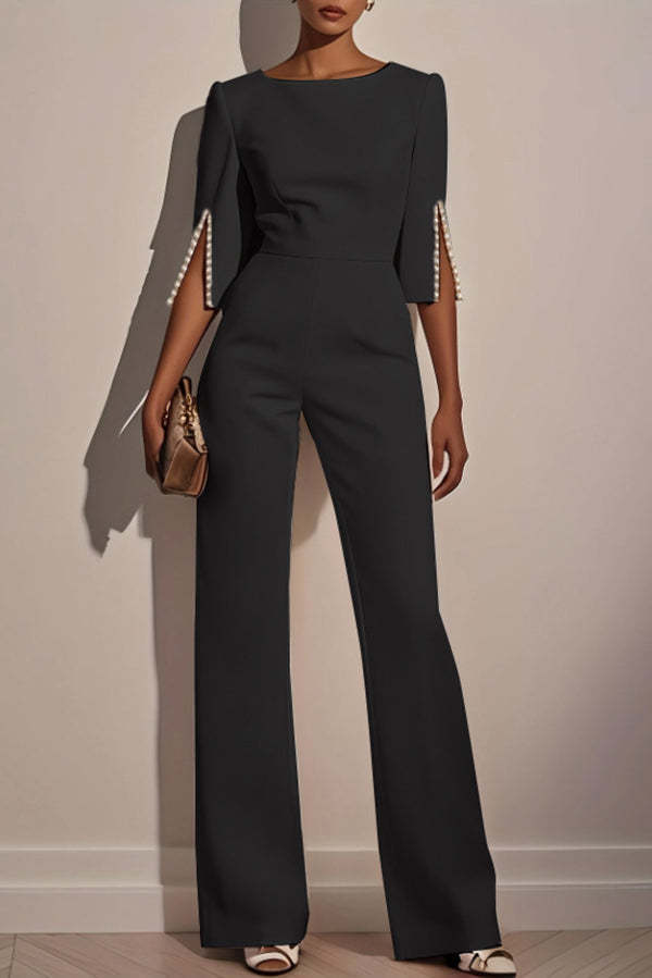 Solid Color Round Neck Beaded Decoration Slim Fit Casual Jumpsuit