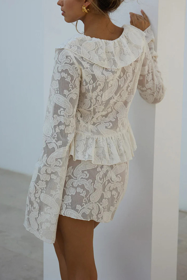 Feel Fabulous Ruffle Lace Long Sleeve Blouse and Mid Rise Elastic Waist Mini Skirt Set