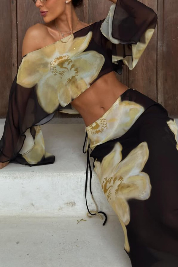 Floral Print Off-shoulder Long-sleeved Loose Top and Elegant Drawstring Maxi Skirt Set