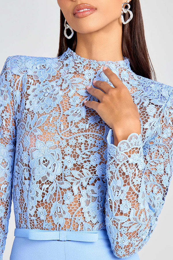 Party Charmer Flower Lace Patchwork Long Sleeve Bow Belted Flare Jumpsuit