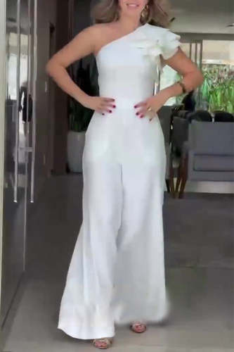 Casual Celebrities Solid Fold Flowers Oblique Collar Regular Jumpsuits