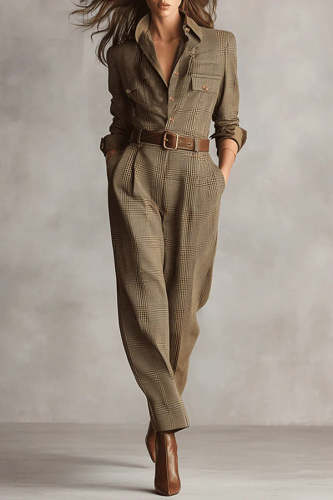 Retro Plaid Print Casual Pocket High-waisted Jumpsuit