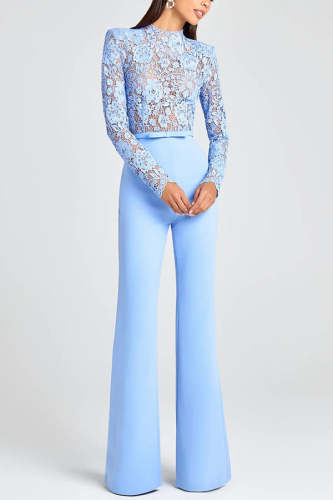 Party Charmer Flower Lace Patchwork Long Sleeve Bow Belted Flare Jumpsuit