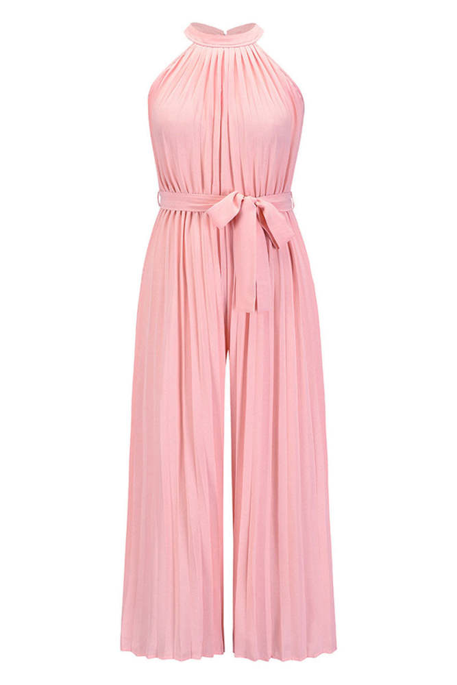 Accordion-pleated Belted Grecian Neck Sleeveless Jumpsuit
