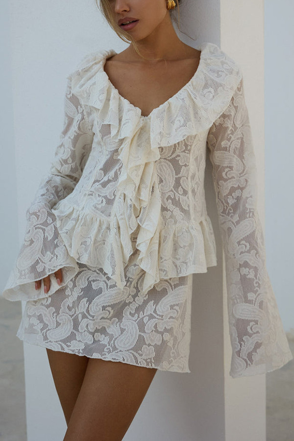 Feel Fabulous Ruffle Lace Long Sleeve Blouse and Mid Rise Elastic Waist Mini Skirt Set