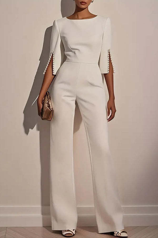 Solid Color Round Neck Beaded Decoration Slim Fit Casual Jumpsuit