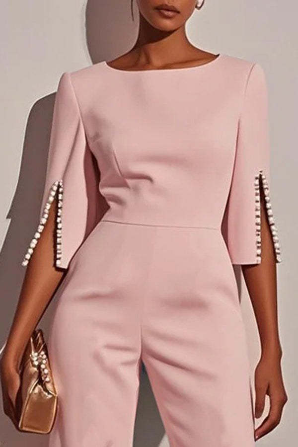 Solid Color Round Neck Beaded Decoration Slim Fit Casual Jumpsuit