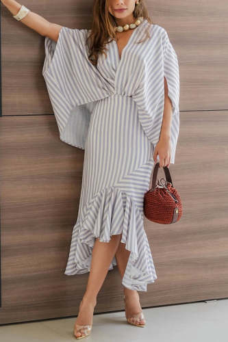 Tierra Striped V-neck Batwing Sleeve Loose Shirt and High Waist Irregular Fishtail Hem Midi Skirt Set