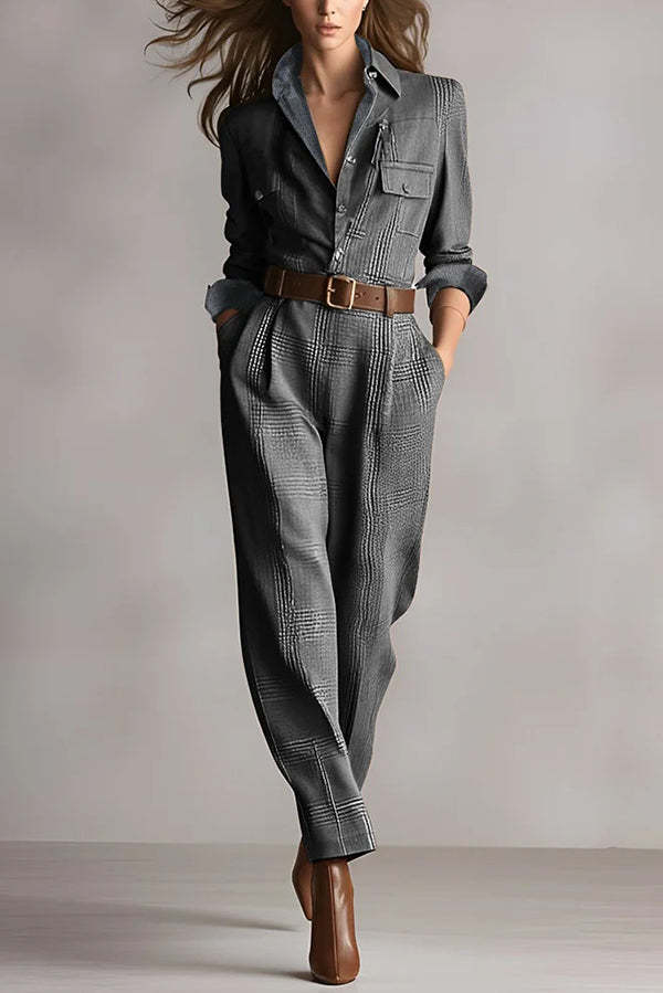 Retro Plaid Print Casual Pocket High-waisted Jumpsuit