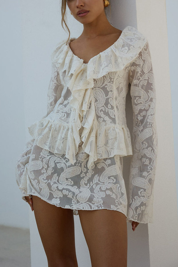 Feel Fabulous Ruffle Lace Long Sleeve Blouse and Mid Rise Elastic Waist Mini Skirt Set
