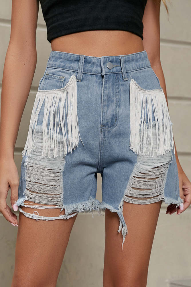 Casual Simplicity Solid Tassel Ripped Straight Denim Shorts