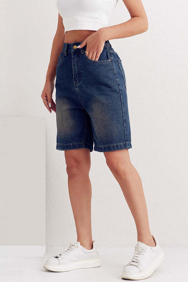 Fashionable Back Elastic Waist Pocket Casual Denim Shorts